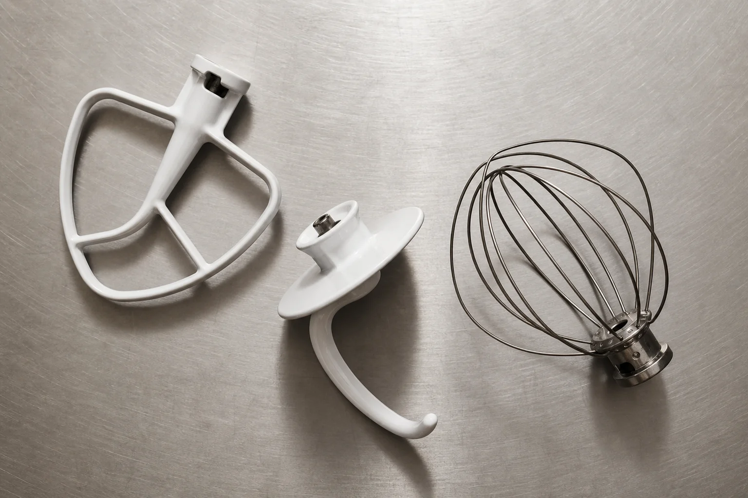 Overhead view of mixing paddle and dough hook attachments on a kitchen counter