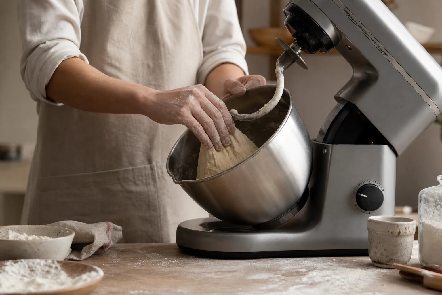Baker kneading dough in a stand mixer with tilt-head design visible