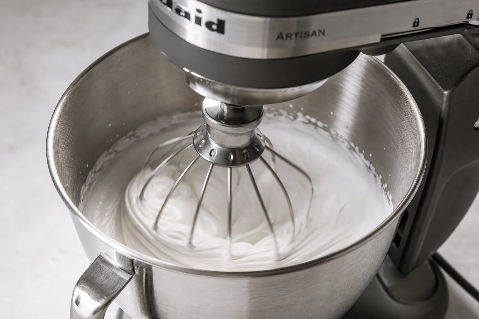 Stand mixer in use whipping cream or meringue with wire whip attachment