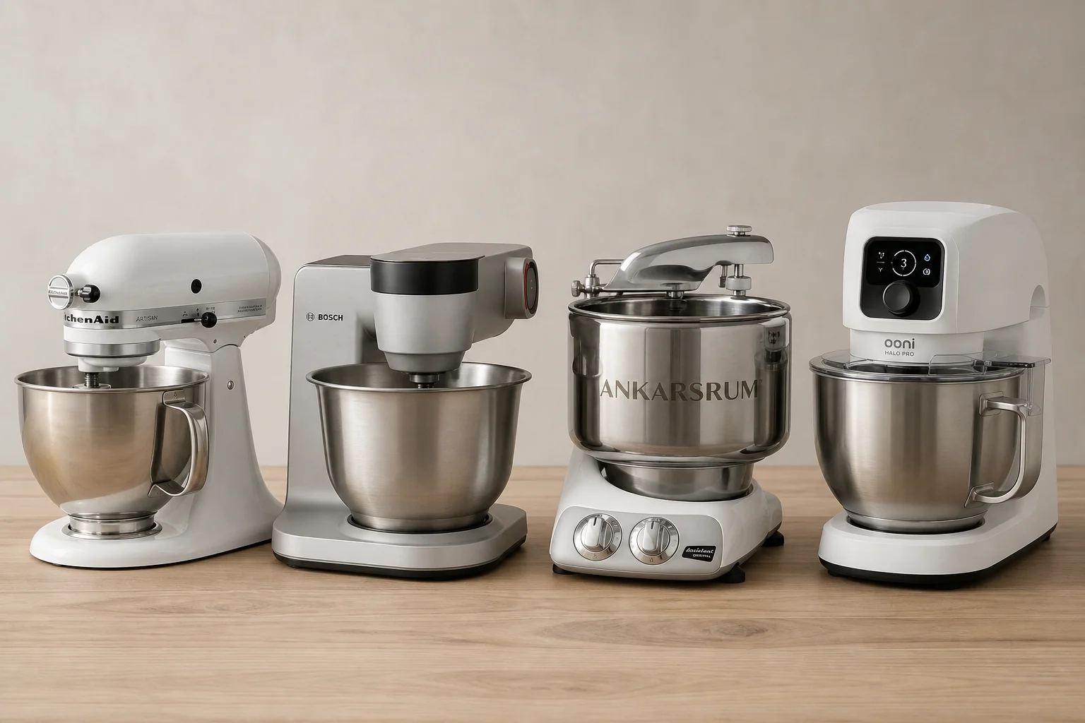 Fyra köksassistenter uppställda på en träyta: KitchenAid, Bosch, Ankarsrum och Ooni Halo Pro