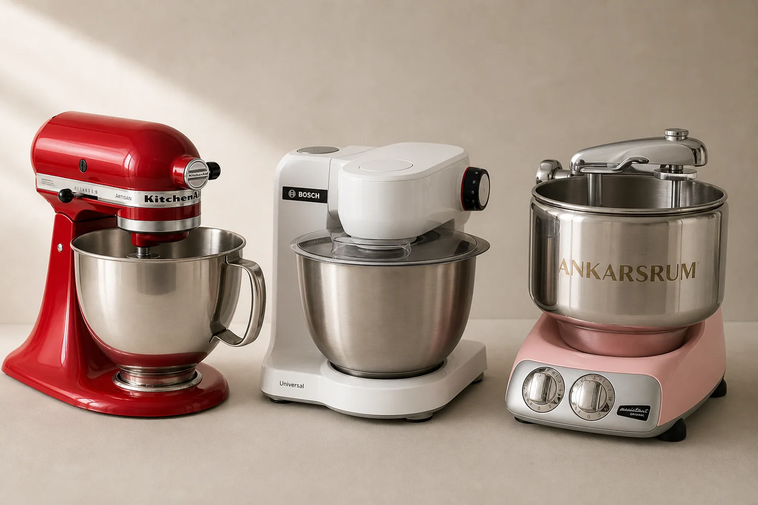 Tre köksassistenter: KitchenAid Artisan, Bosch Universal och Ankarsrum Assistent uppställda sida vid sida