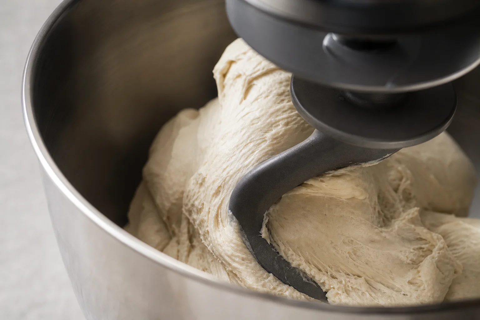 Gancio a spirale che impasta pane in una grande ciotola