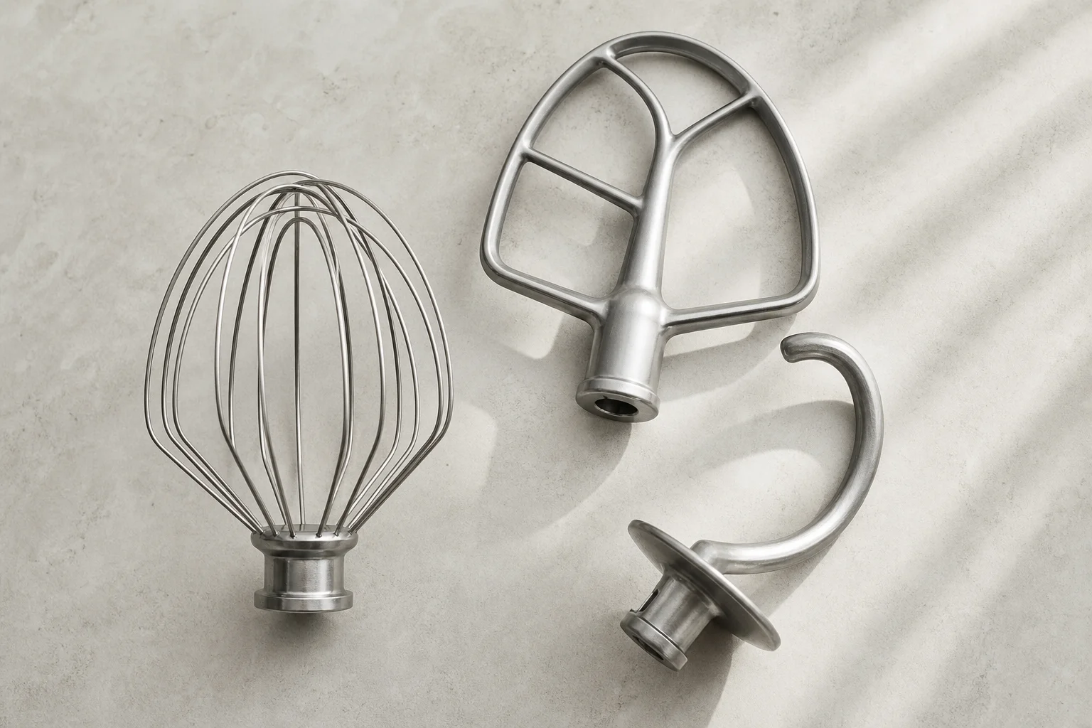 Accessori in acciaio inox per planetaria disposti su una superficie neutra