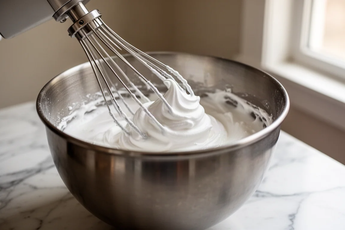 Stand mixer whisk attachment whipping egg whites in a metal bowl