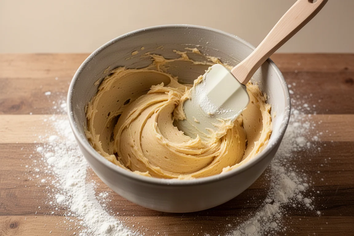 Baker scraping butter and sugar from the sides of a mixer bowl