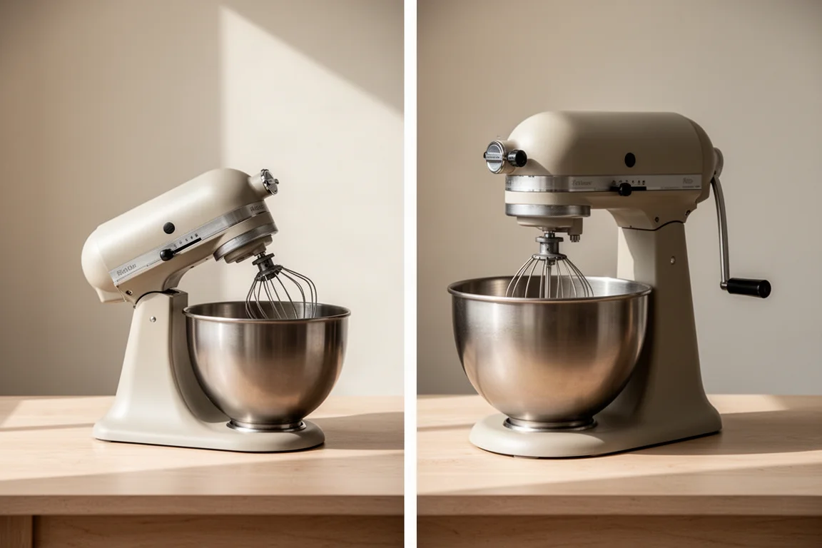 Two stand mixer head styles compared on a kitchen counter