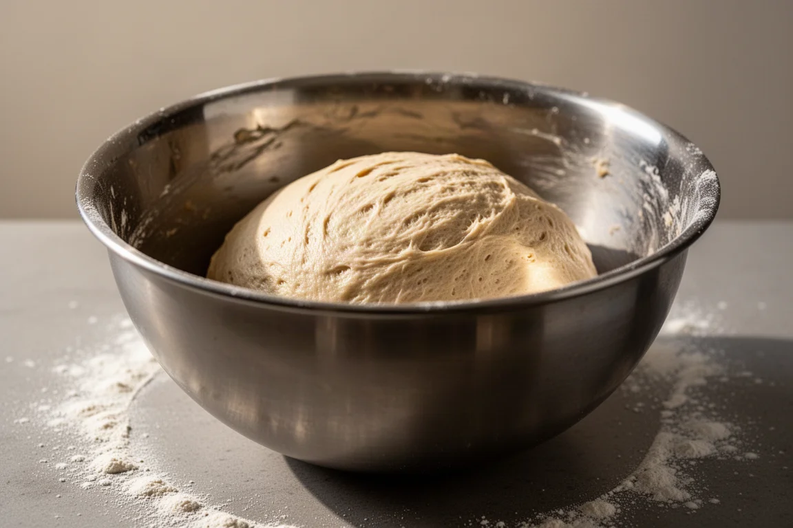 Freshly kneaded bread dough resting in a mixer bowl
