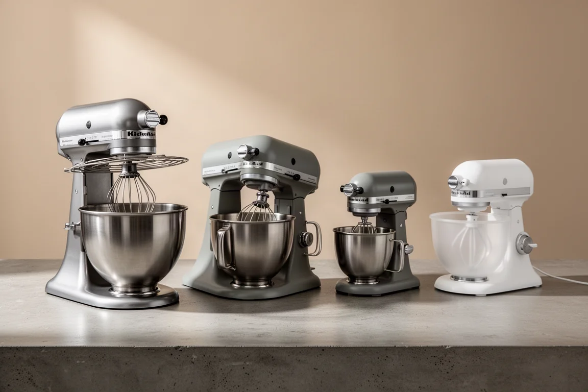 Four stand mixers of different sizes lined up on a concrete kitchen counter