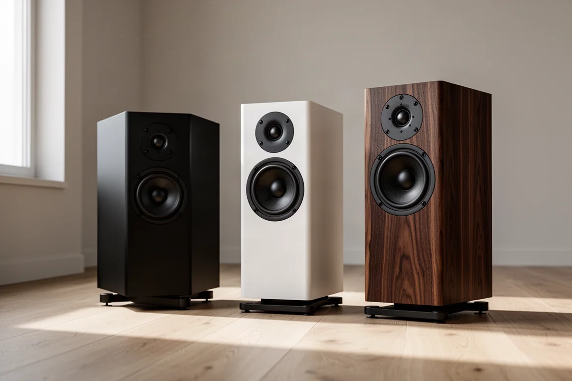 Three stand-mount speakers in different finishes on low stands in a listening room