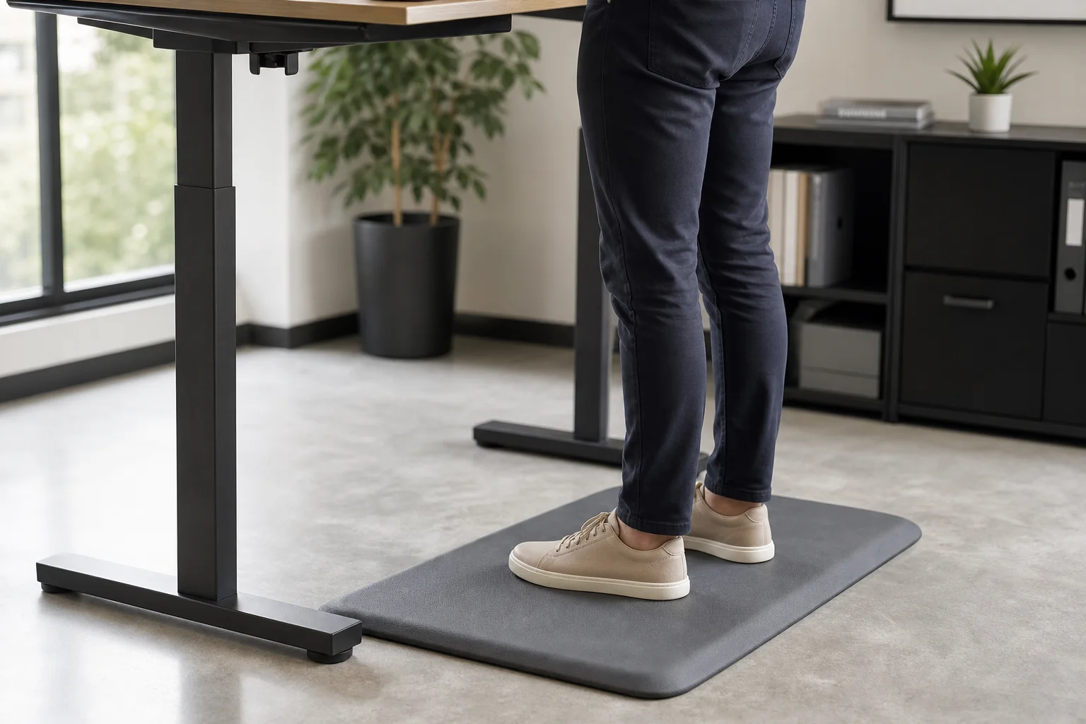 Person standing at desk on flat anti-fatigue mat wearing shoes