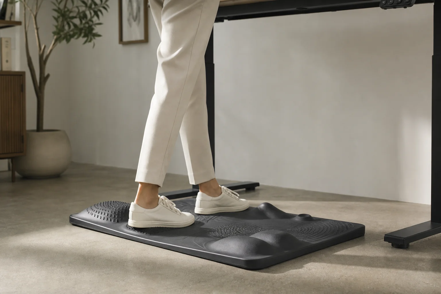Person standing on contoured terrain-style mat with elevation zones