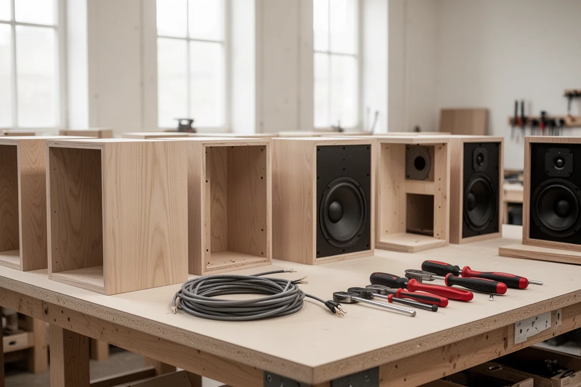 Établi lumineux d'assemblage d'enceintes avec caisses en bois, câbles et outils à main