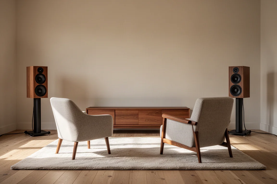 Pièce d'écoute épurée avec deux enceintes bibliothèques sur pieds face à un fauteuil