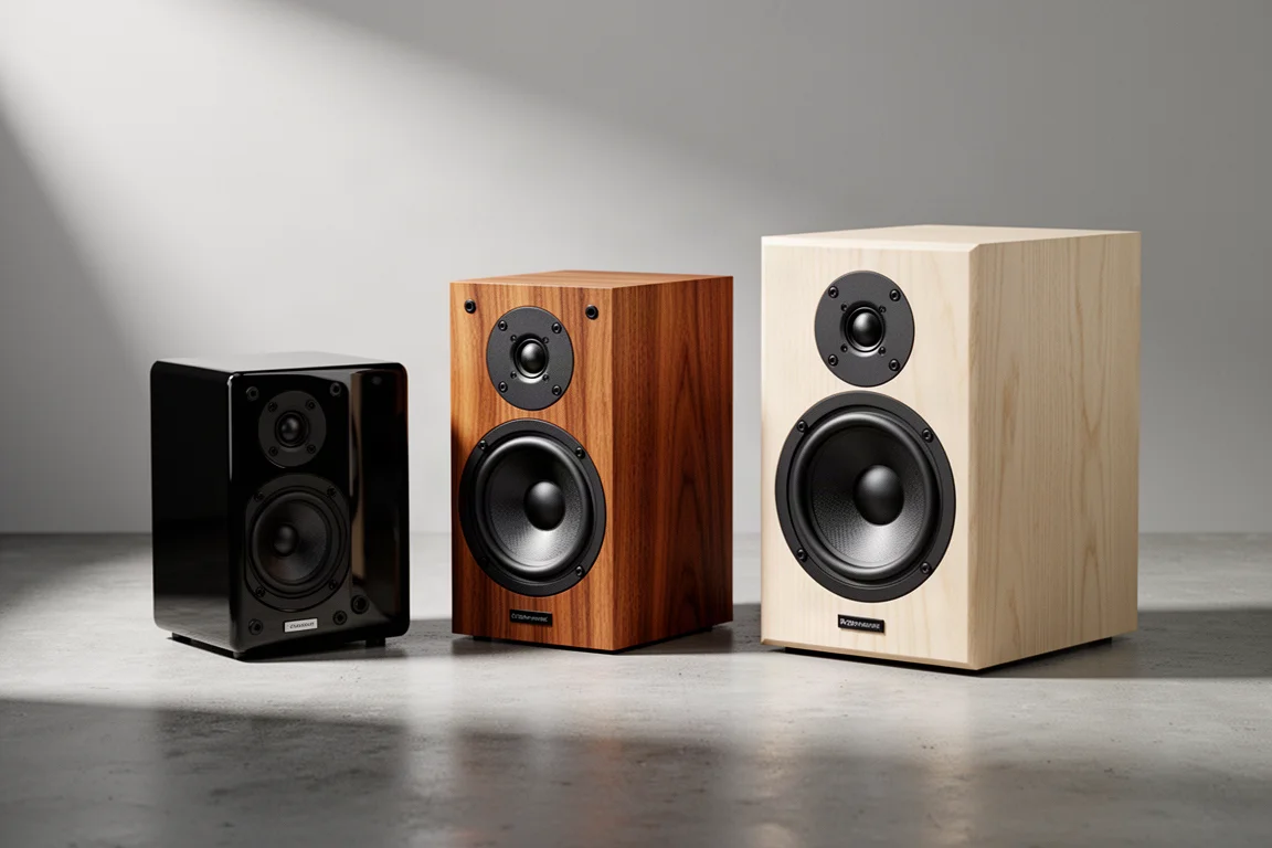 Three standmount hi-fi speakers in gloss black and wood veneer finishes on a concrete surface