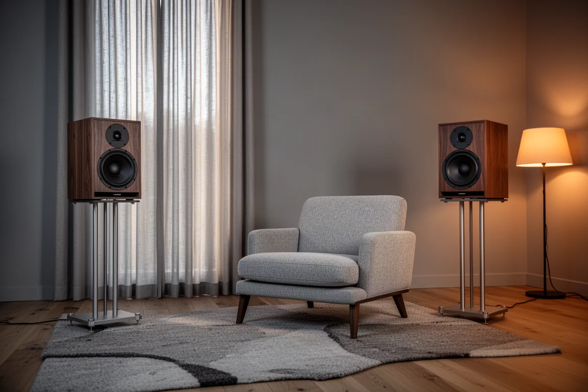 Listening room at dusk with two standmount speakers on stands flanking a low armchair