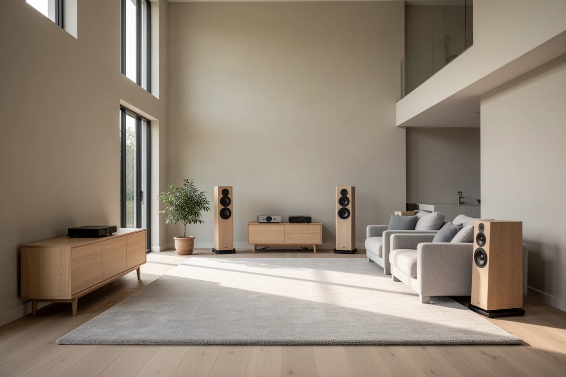 Spacious open plan living space with speakers on stands at one end and tall windows