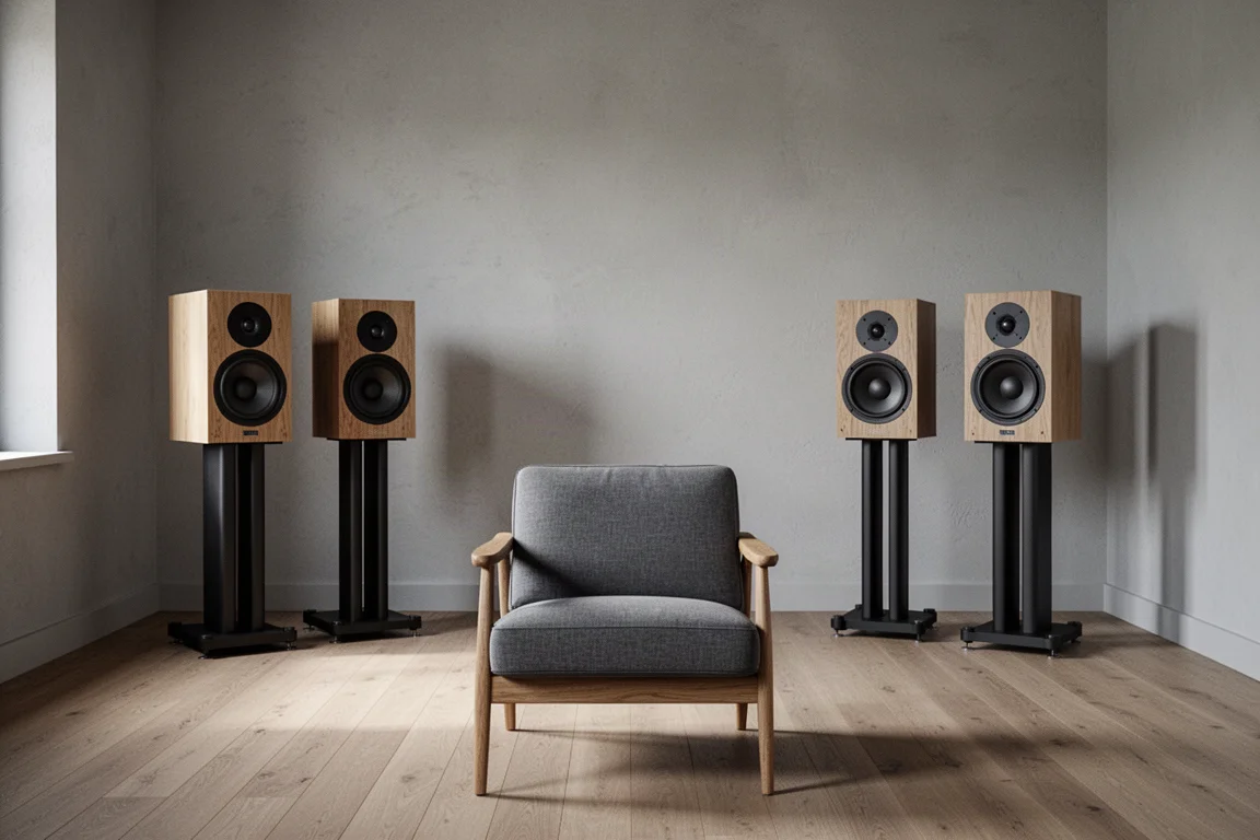 Neutral room with two pairs of standmount speakers on stands facing one armchair