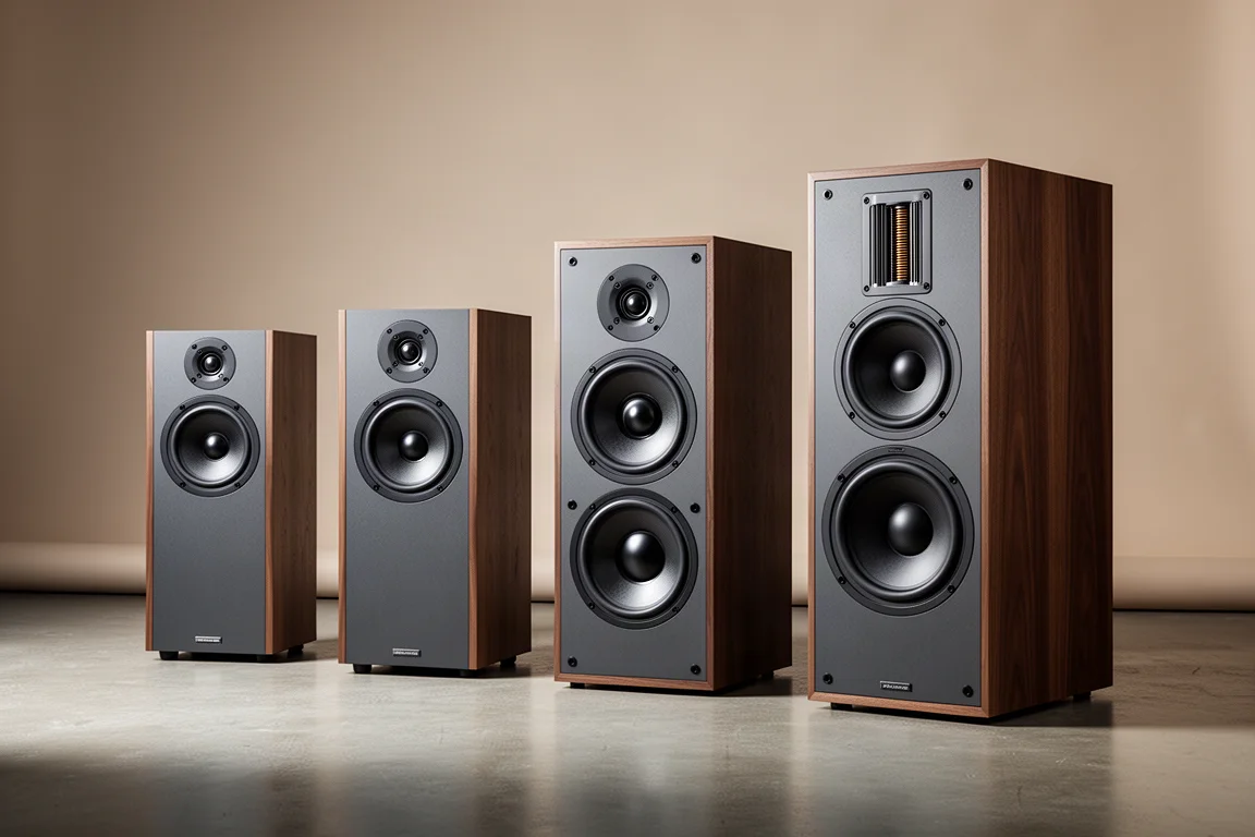 Four standmount loudspeakers of different sizes in a row on a concrete floor
