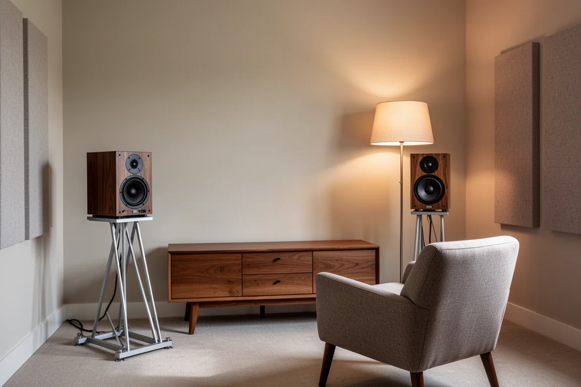 Hoek van luisterruimte met standmount speakers op metalen stands en akoestische panelen