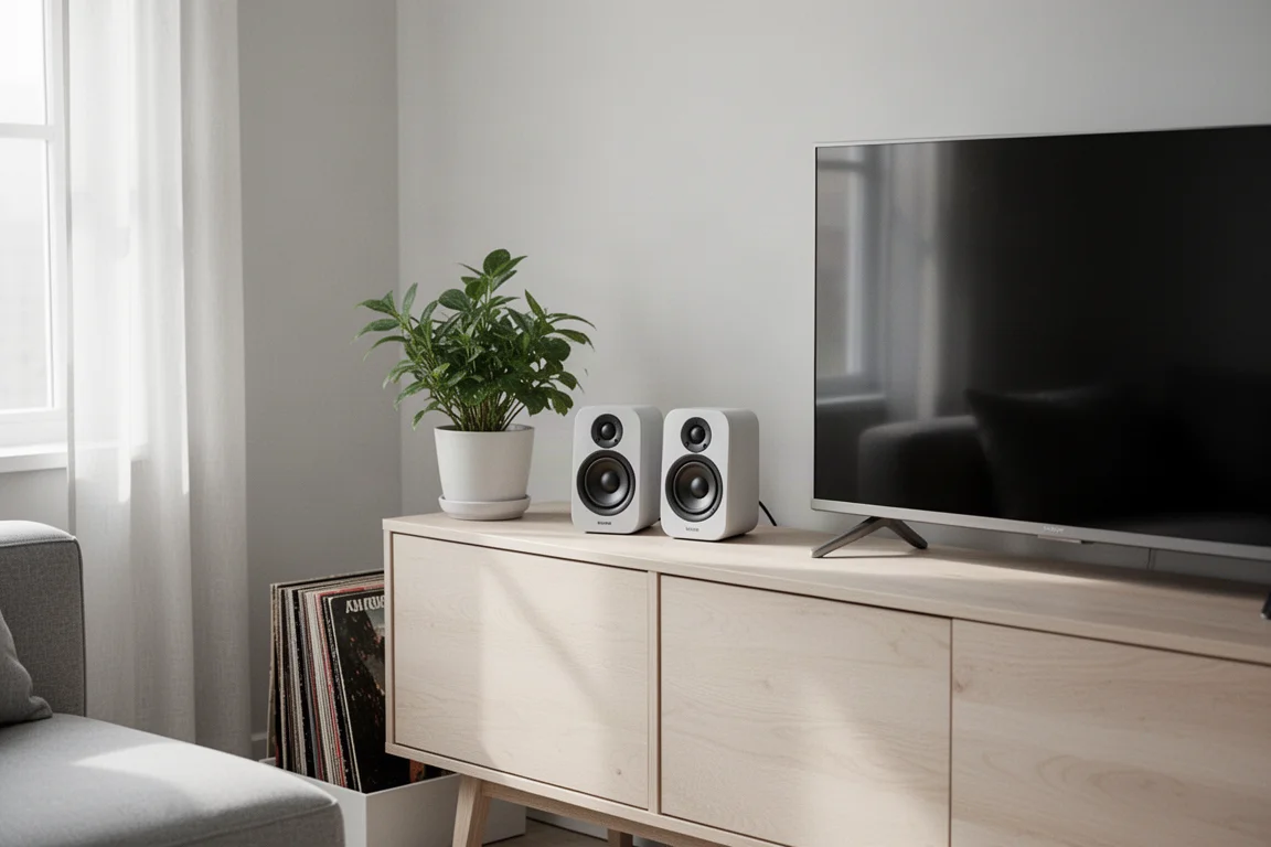Compacte actieve speakers op een houten dressoir naast een slanke televisie