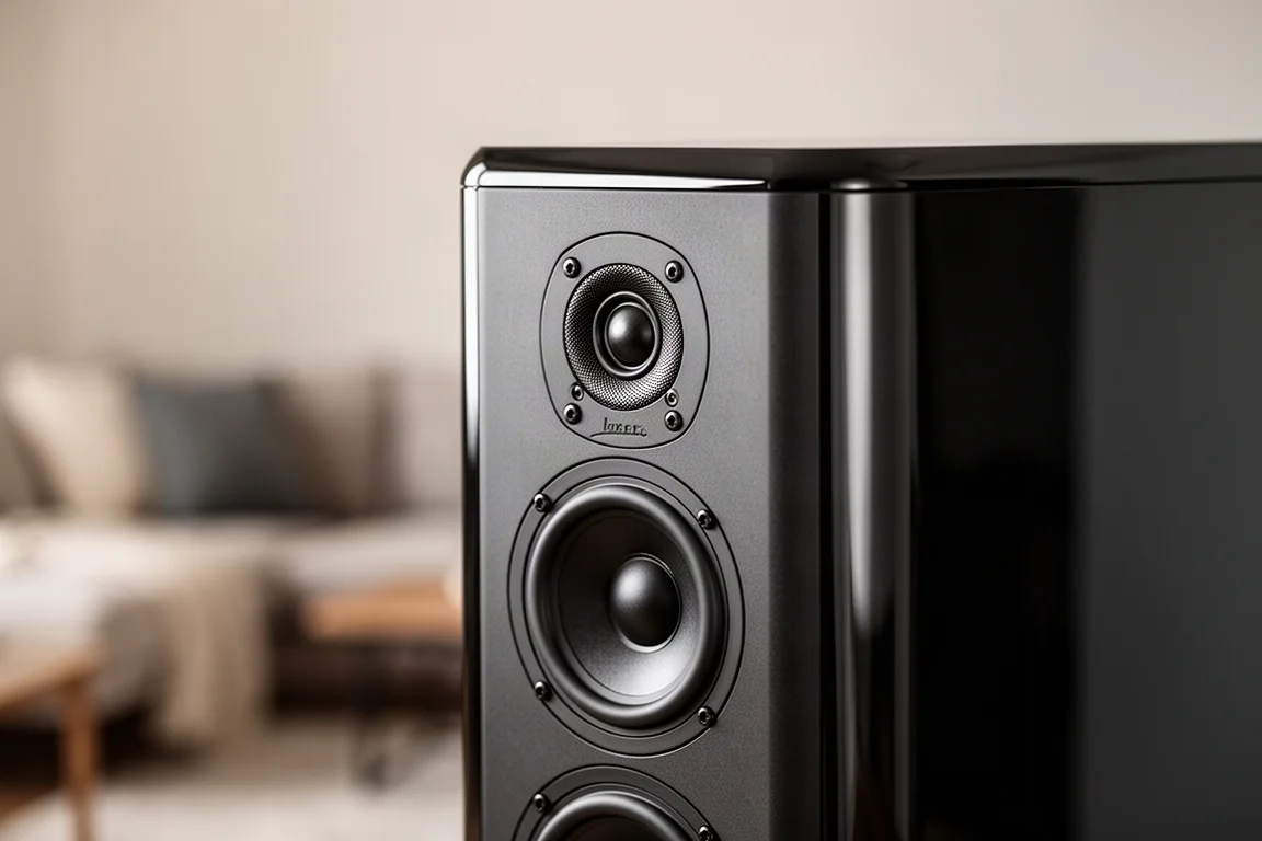 Close-up van een slank speakerfront met een coaxiale driver boven twee woofers