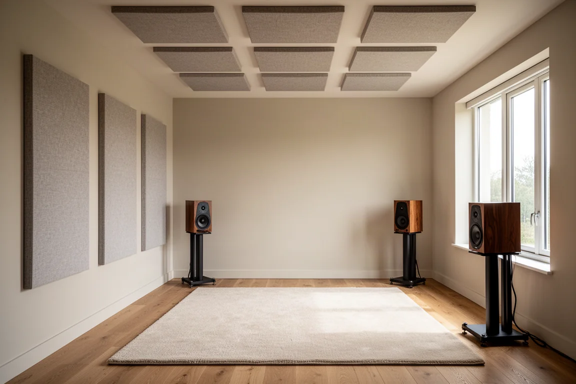 Behandelde luisterruimte met stoffen panelen op muur en plafond en speakers op stands