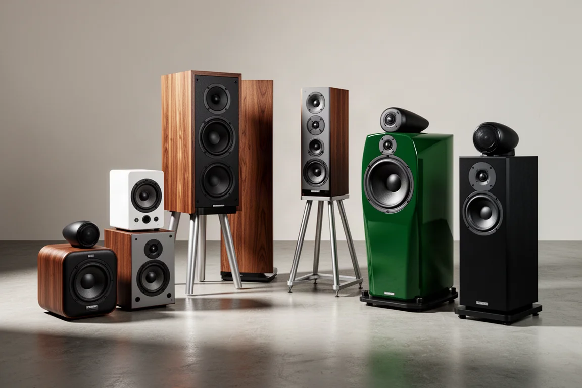 Seven standmount speakers of different sizes arranged on a concrete floor