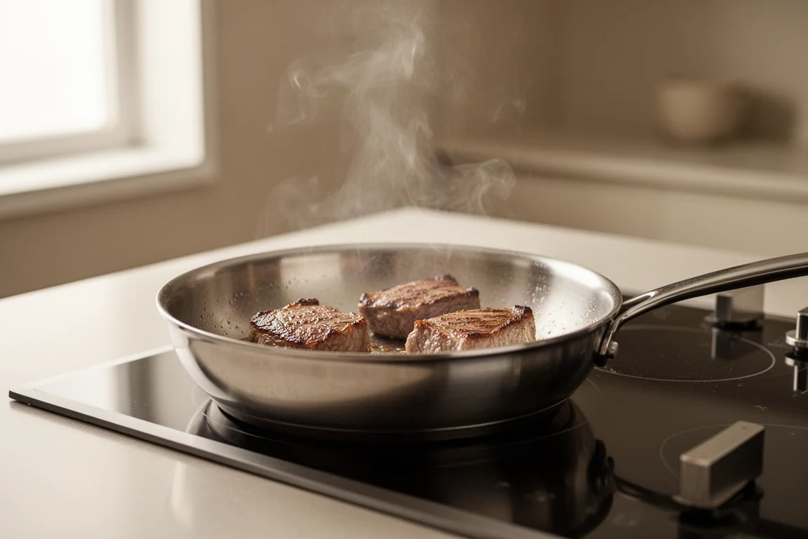 Stainless steel pan searing meat on a modern stovetop with steam rising