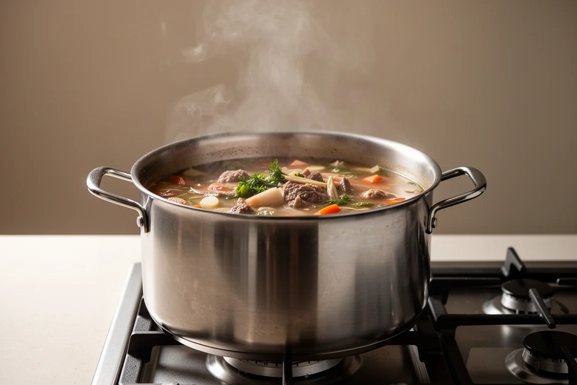 Large stock pot simmering on a stove with ingredients for soup