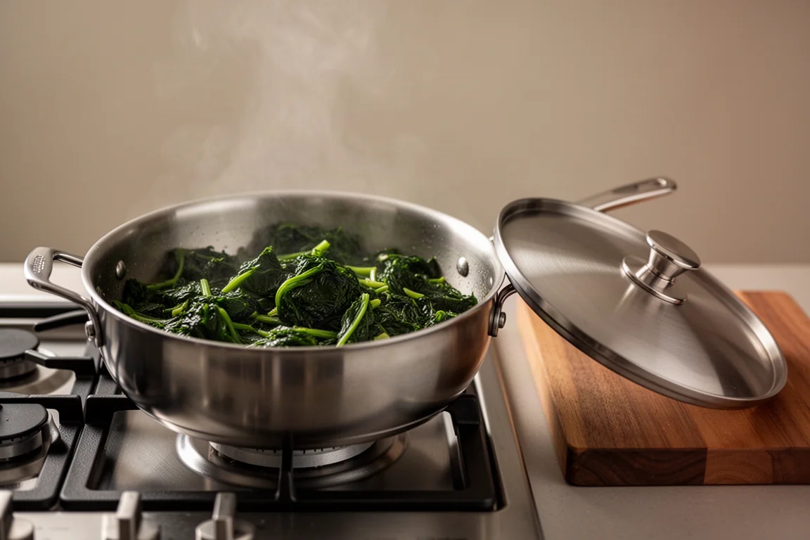 Cooked leafy greens being folded in a deep sauté pan with lid nearby