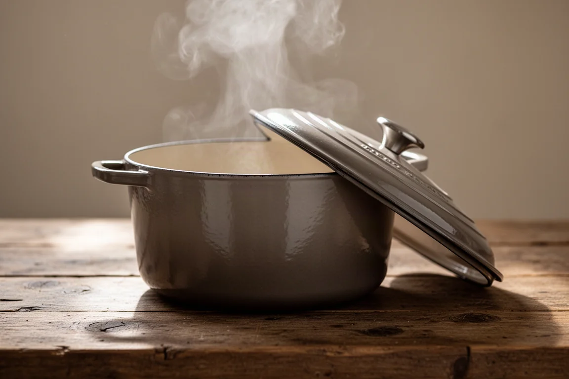 Dutch oven with braised dish resting on a wooden kitchen counter