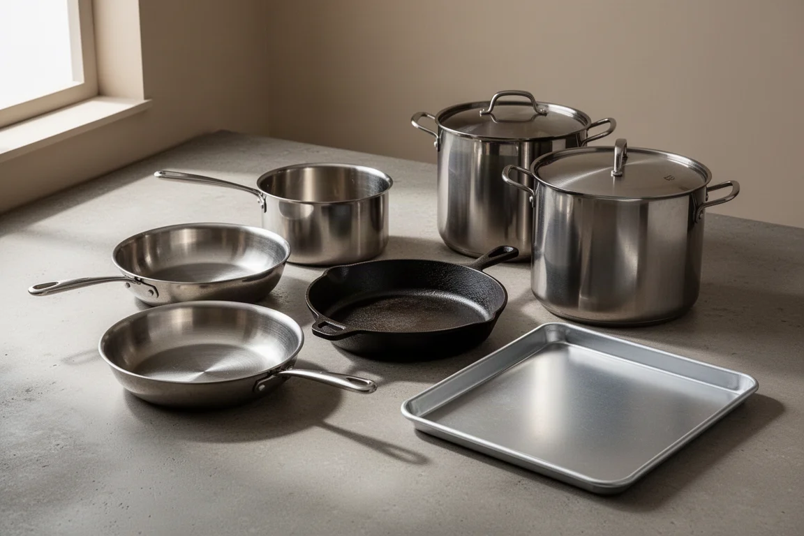 Lineup of essential cookware including stainless steel pans, cast iron skillet, stock pot, and sheet pan