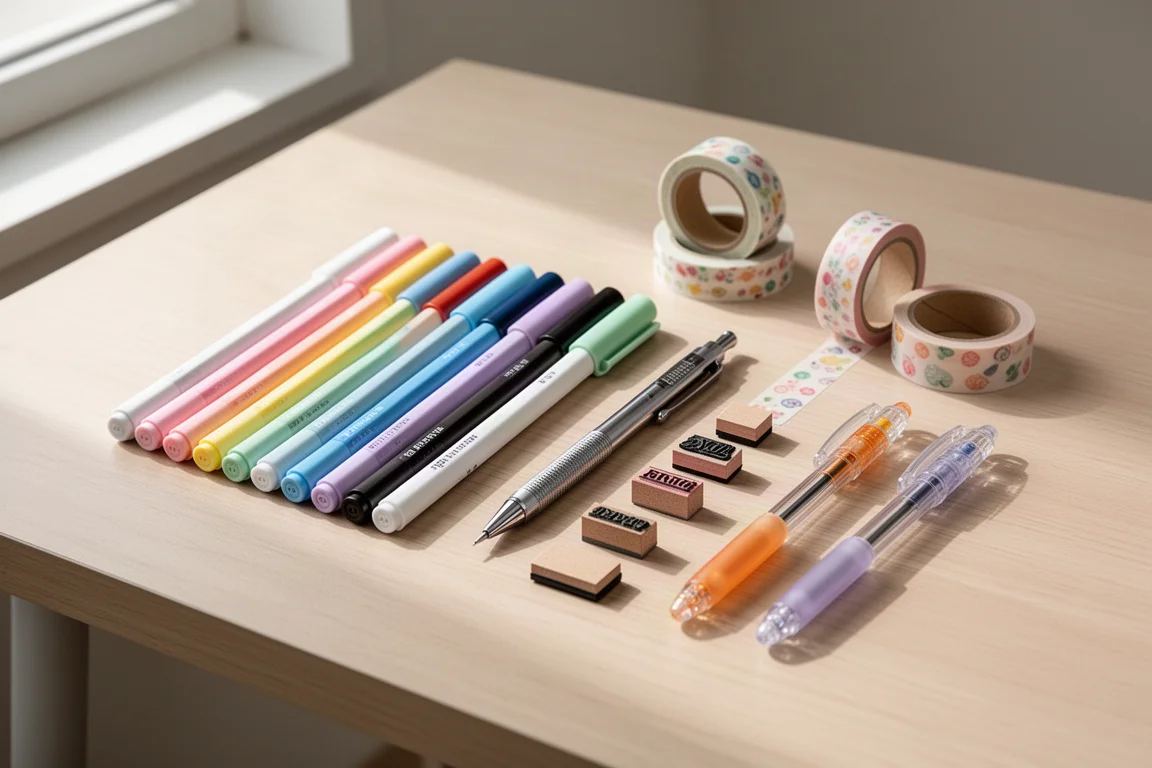 Flat-lay of markers, a mechanical pencil, washi tape rolls, stamps, and gel pens on a wooden desk