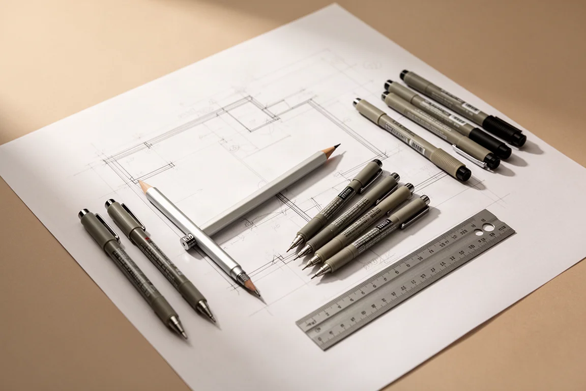 Ferramentas de desenho arquitetônico com lápis, canetas ponta fina e uma escala de bolso de metal sobre papel de desenho