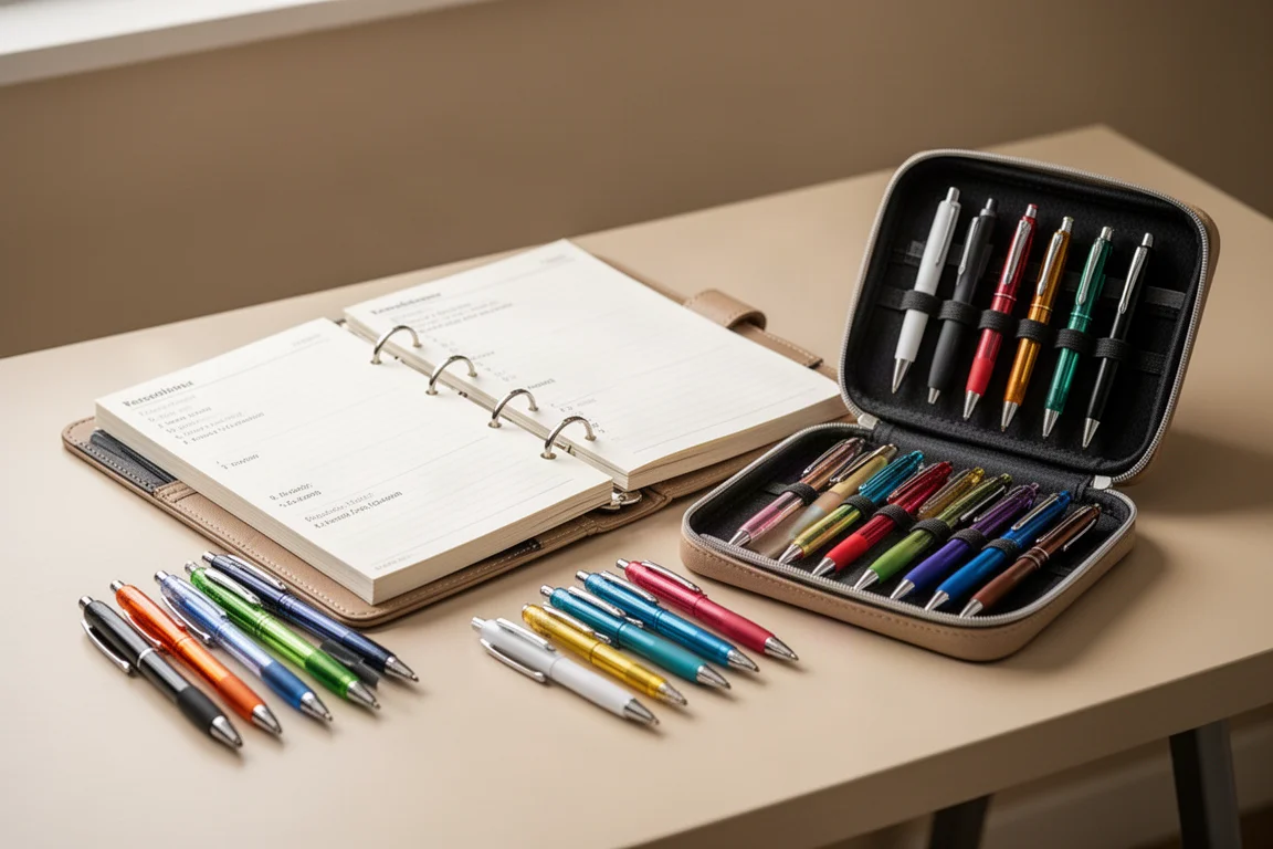 Caderno fichário aberto com canetas coloridas e um estojo de canetas estilo livro sobre uma escrivaninha de estudo