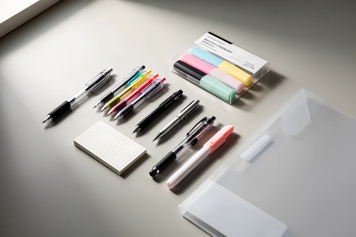 Flat-lay of pens, highlighters, notebooks, and a clear file on a grey desk