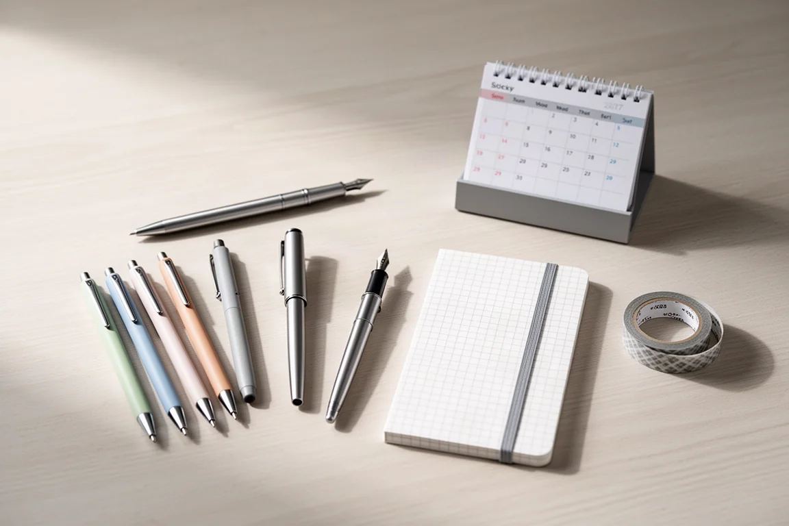 Flat-lay of pens, notebooks, washi tape, and desk stationery on a wood desk