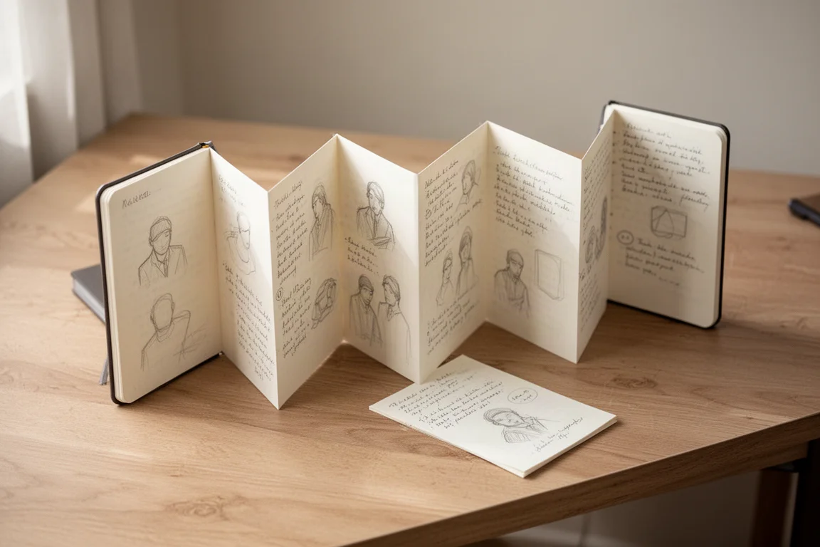 Carnet à rabats accordéon ouvert sur un bureau avec des notes manuscrites s'étalant sur plusieurs volets