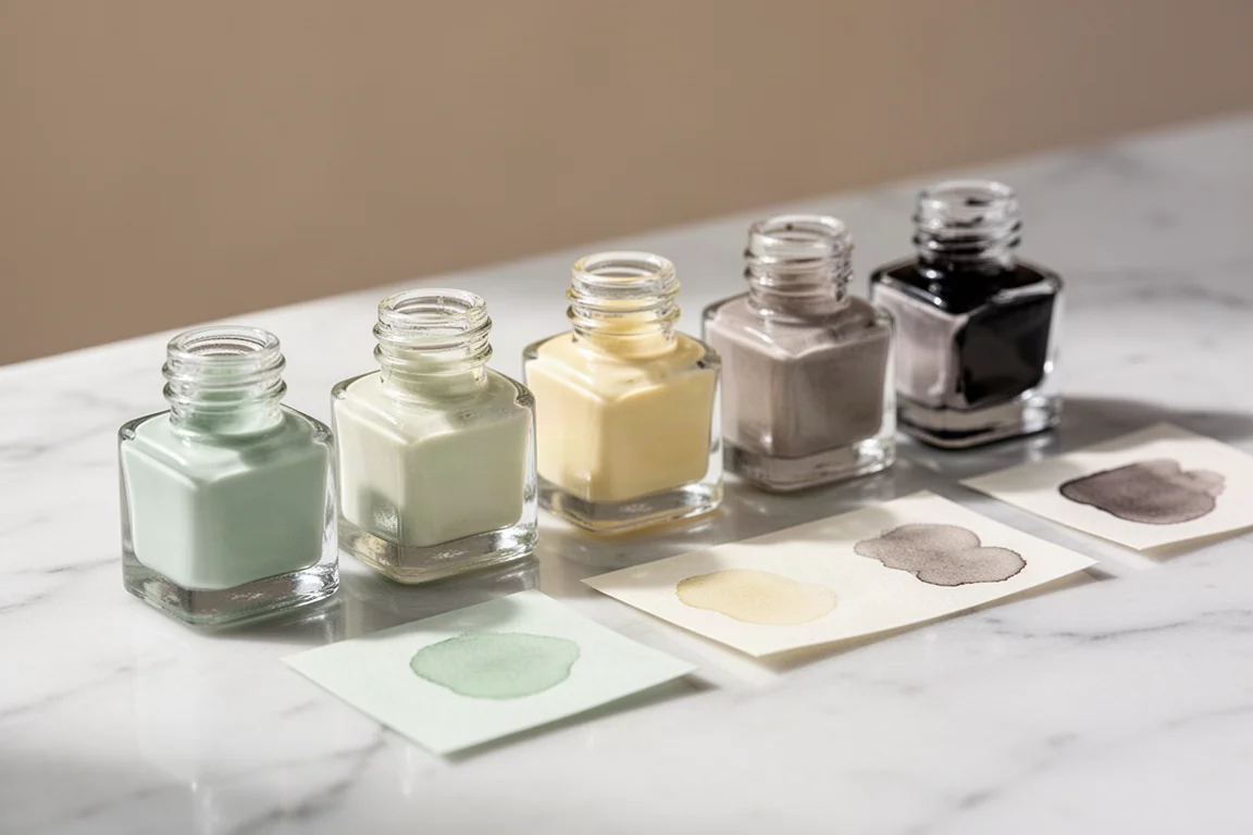 Encres pour plume dans de petits flacons en verre aux tons pastel doux sur une surface en marbre