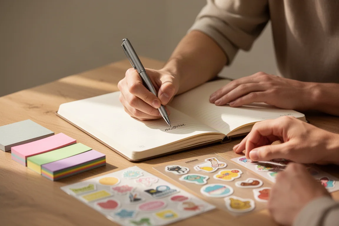 Mains écrivant avec un stylo compact dans un journal papier posé à côté de notes adhésives