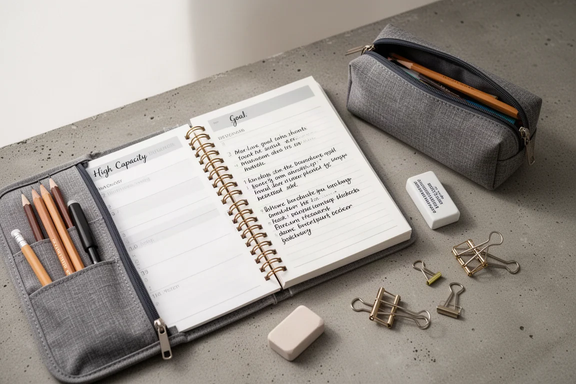 Bureau organisé avec des planners d'étude, des gommes, une trousse et des serre-livres