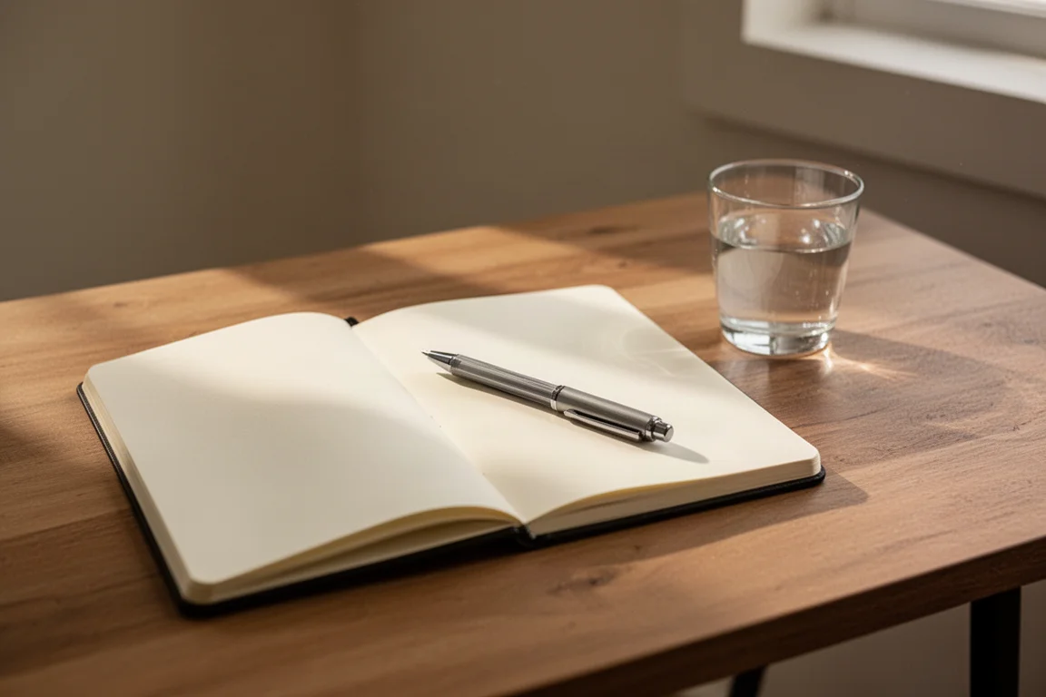 Mesa de escritor com caderno aberto, caneta e luz suave da tarde