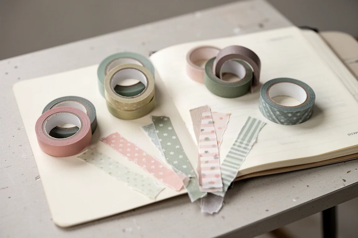 Rolos de fita washi coloridos e tiras decorativas rasgadas sobre uma mesa de artesanato