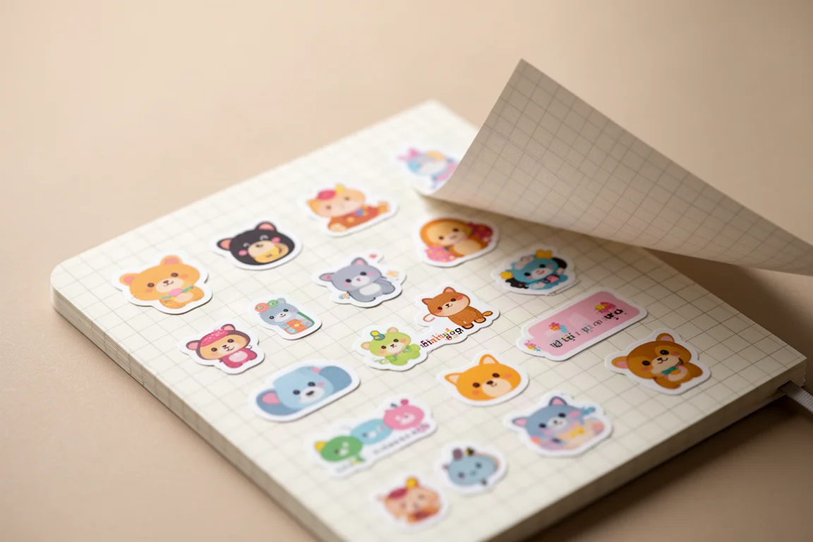 Adesivos organizados em um caderno com padrão interno xadrez
