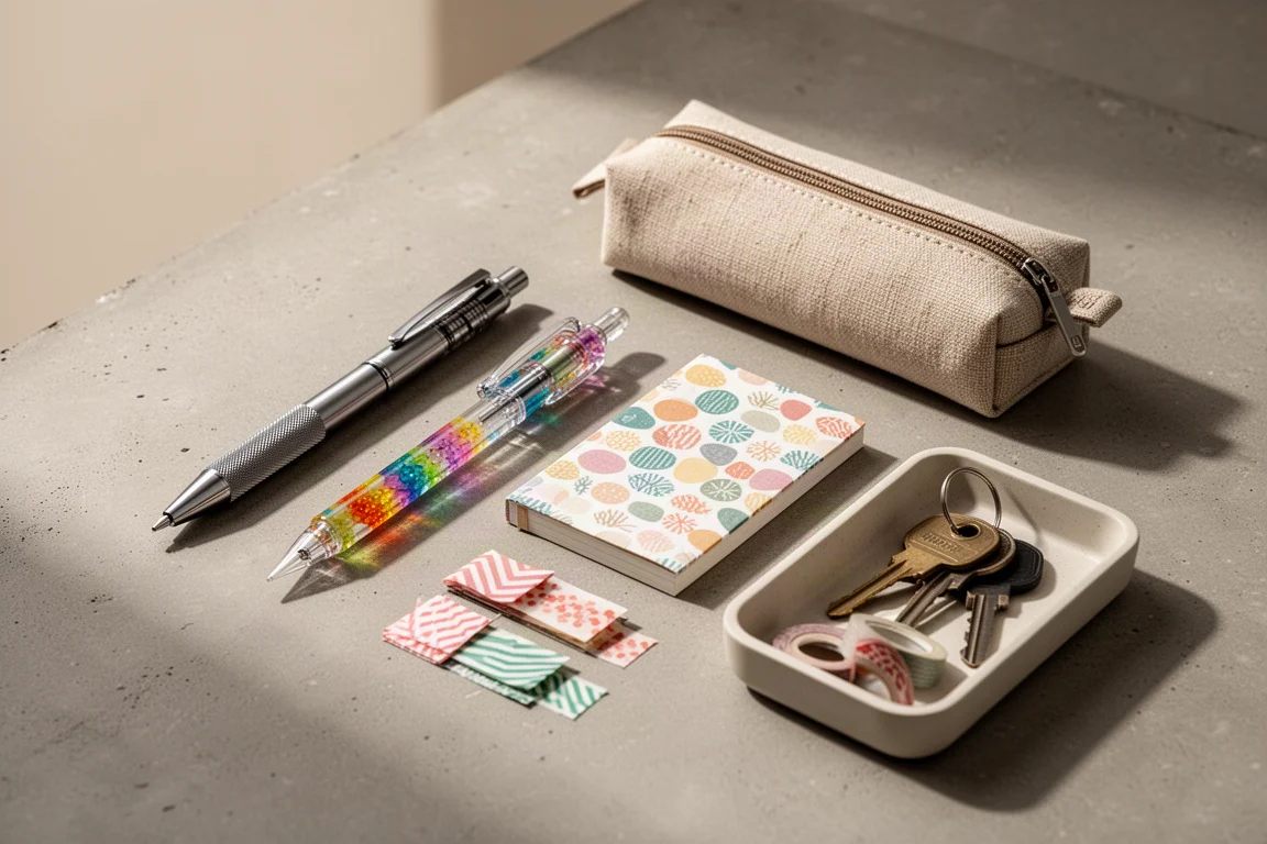 Flat-lay of stationery items including a metal pencil, glass pen, notebook, washi tape, pen case, and desk tray