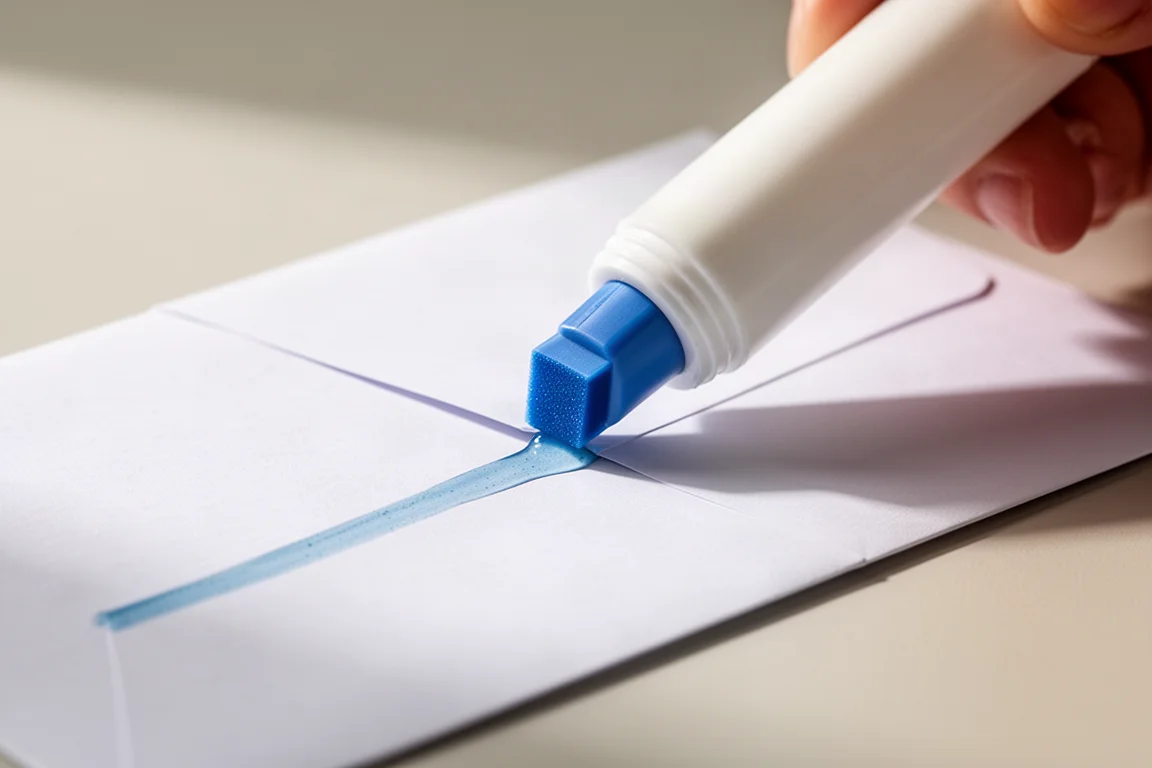 Klej w sztyfcie z niebieską kwadratową końcówką nanoszący klej wzdłuż krawędzi papieru