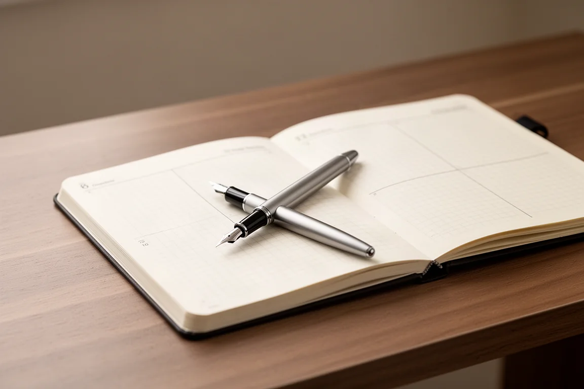 An open grid-paper planner on a wooden desk with a pen resting on the page