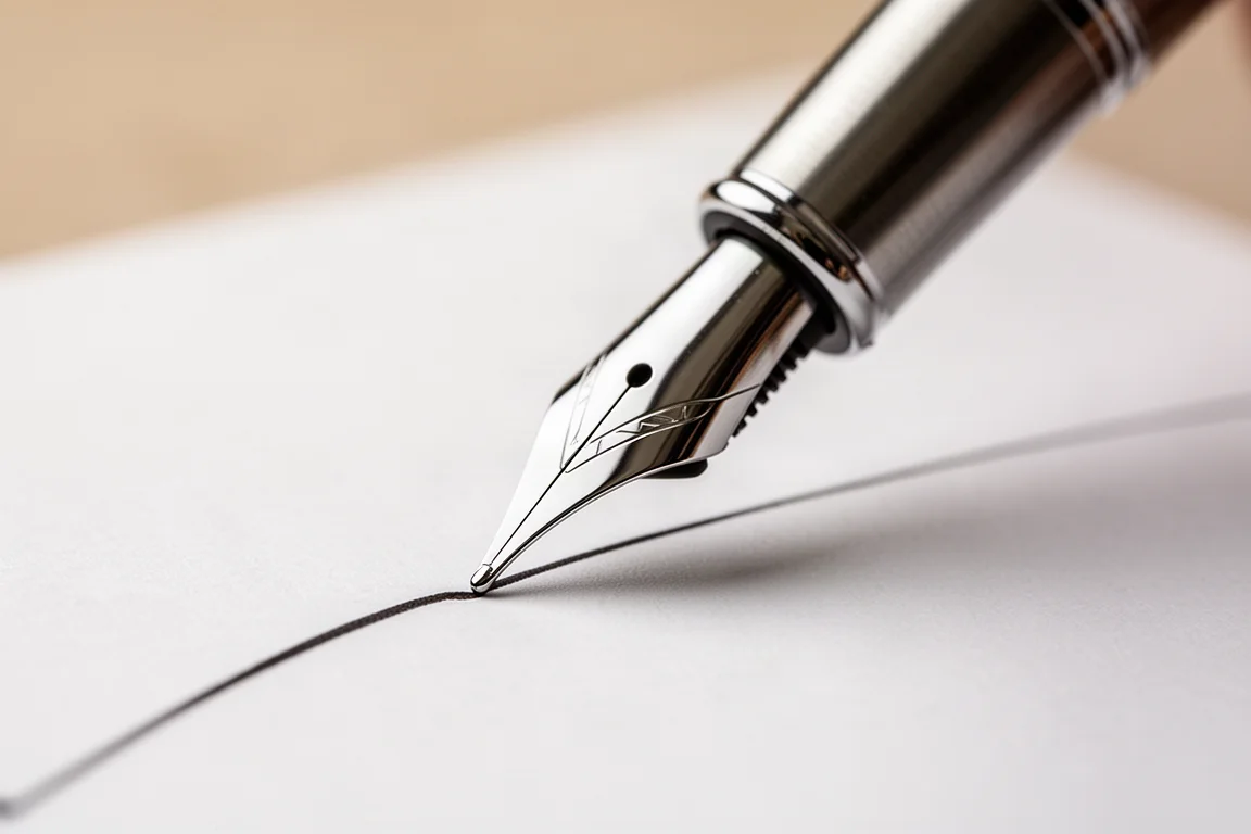 Close-up of a fountain pen nib writing on smooth white paper