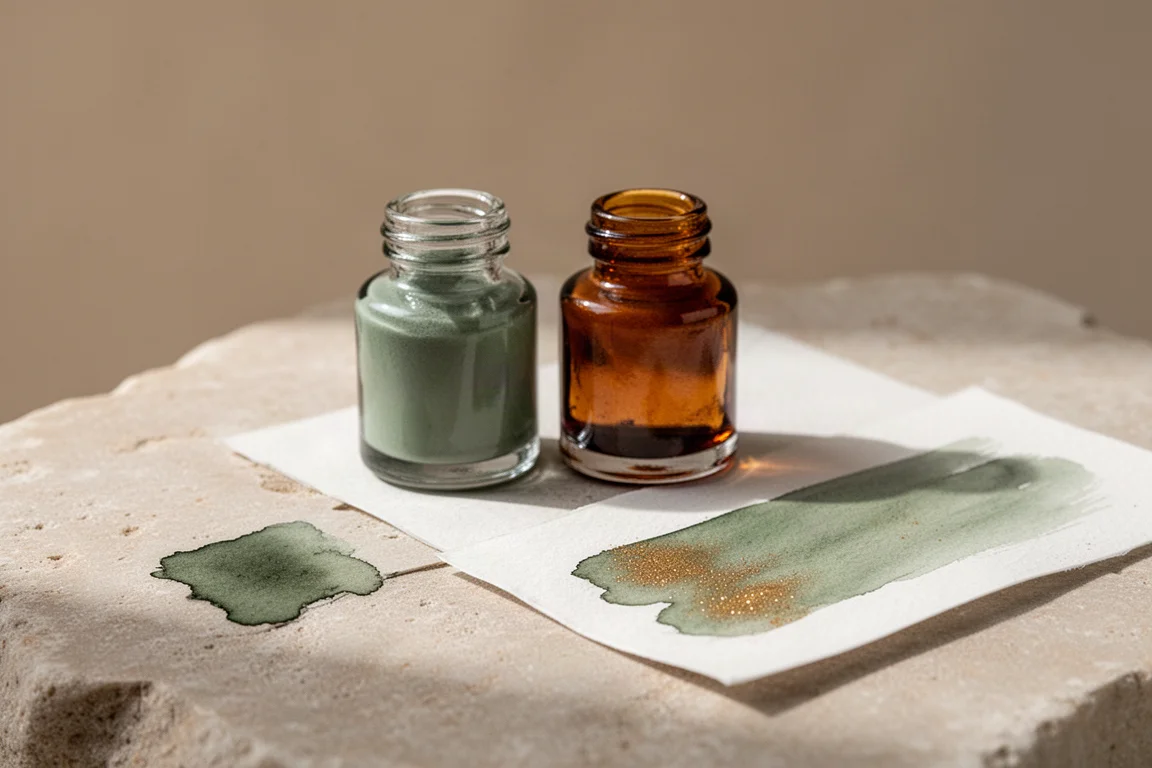 Glass bottles of muted green and amber fountain pen ink on a stone surface
