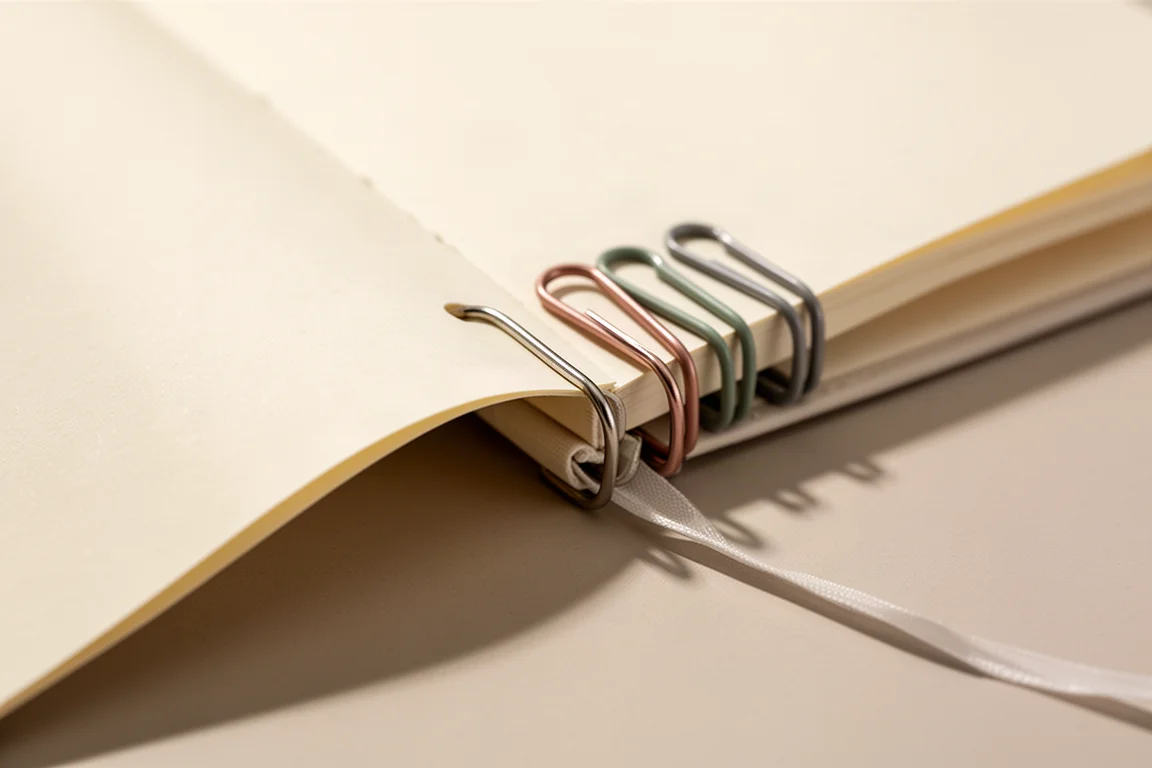 Thin metal index clips attaching to the edge of a thin planner page